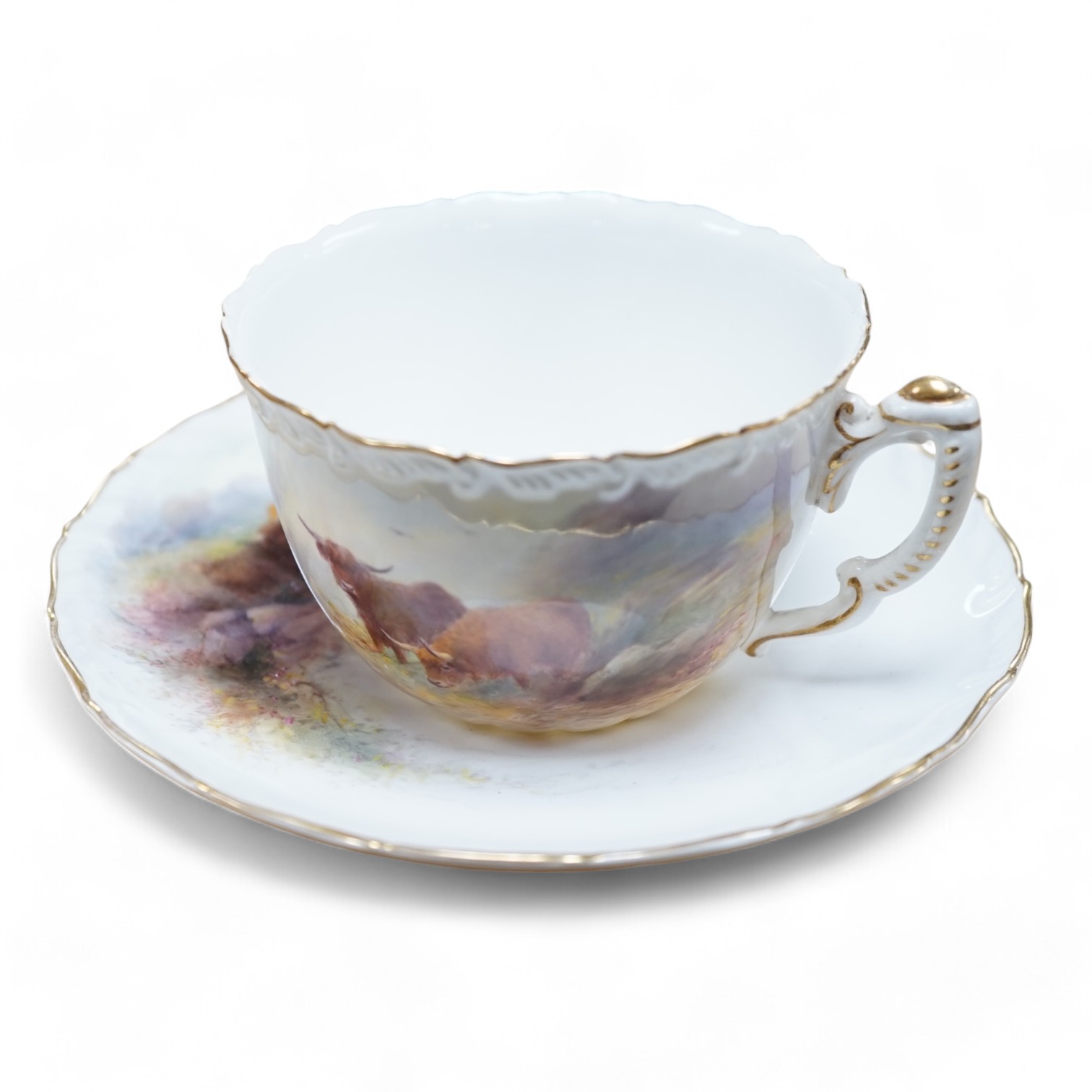 A Royal Worcester Harry Stinton Highland cattle painted cup and saucer, saucer 13cm diameter. Condition - good